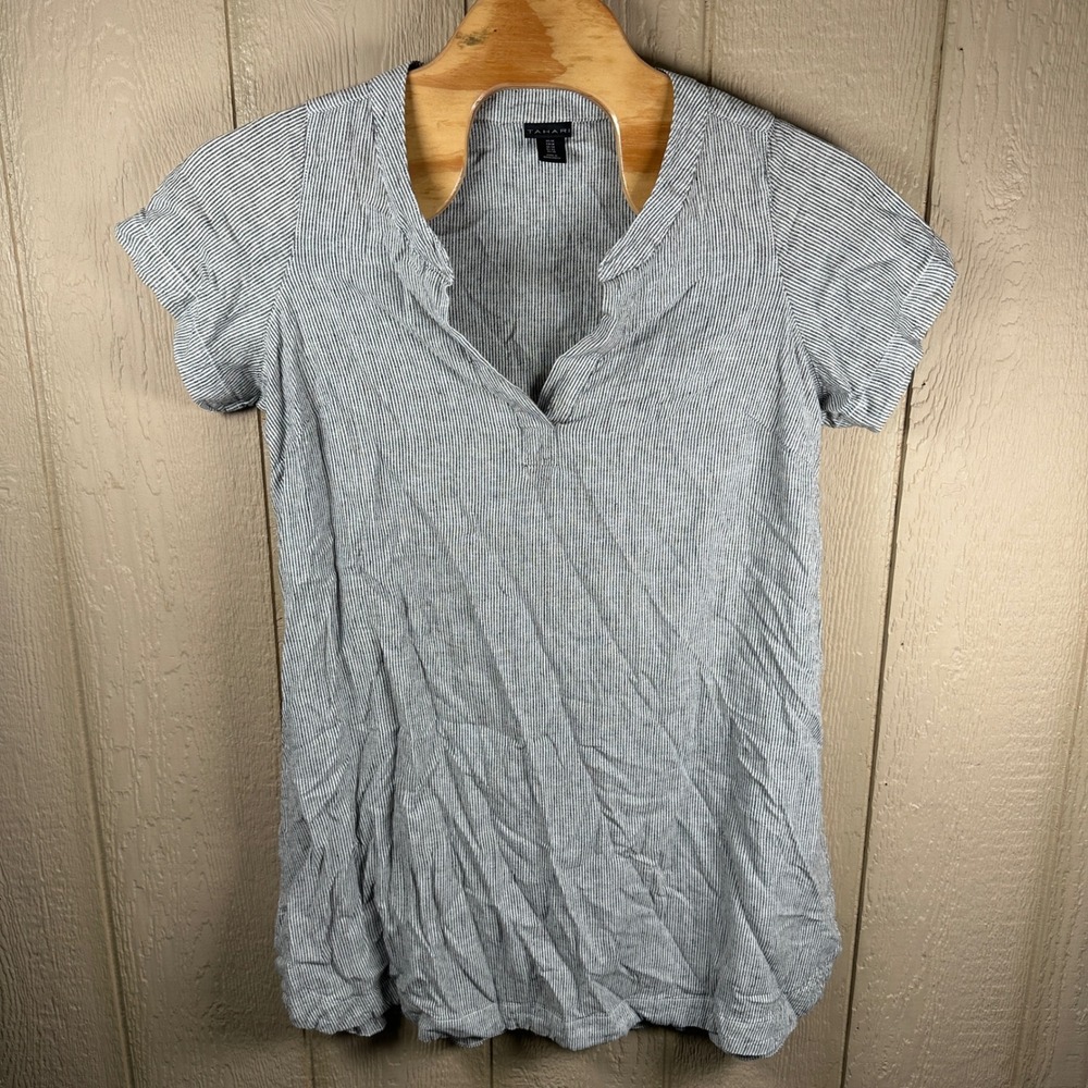 Tahari Shirt Dress Womens 1X Blue White Striped Linen Blend V-Neck Short Sleeve